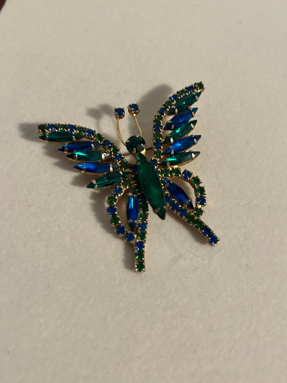 Vintage Gold Tone Blue Green Rhinestone Butterfly Brooch Pin 2.5" Navette Chaton